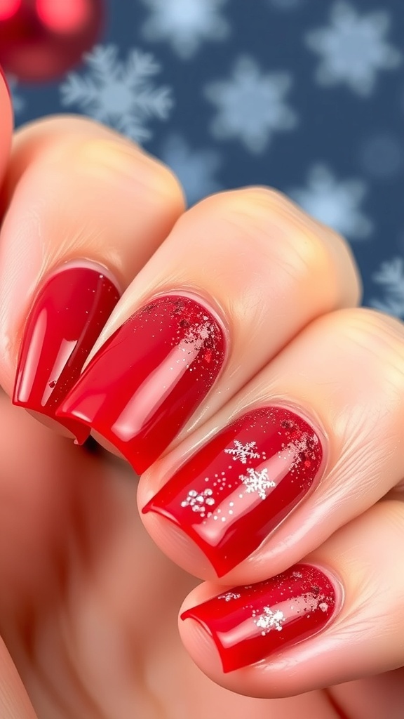 Easy Red Glitter Christmas Nail Art Close-up of red glitter Christmas nail art with a festive theme.